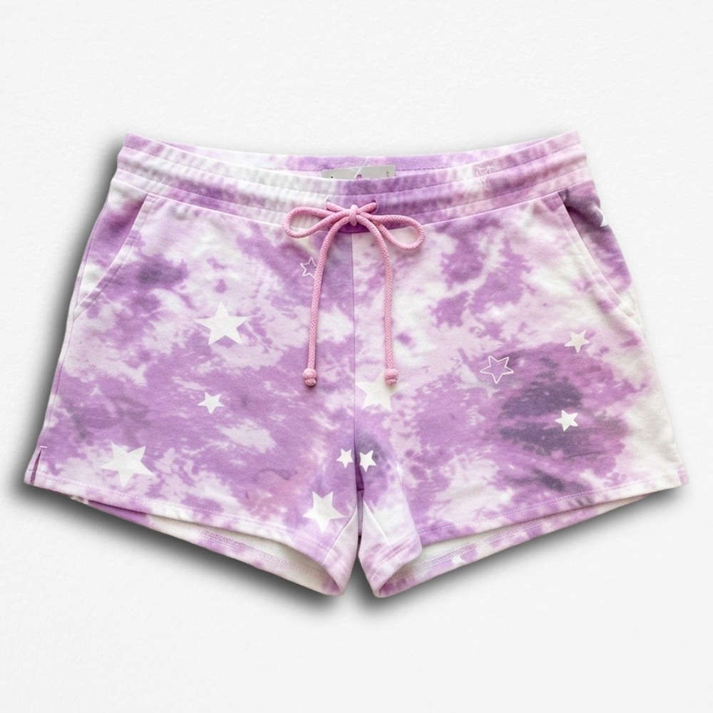 Wildfox Purple Tie Dye Star Print Lounge Shorts Womens Medium Drawstring Fleece